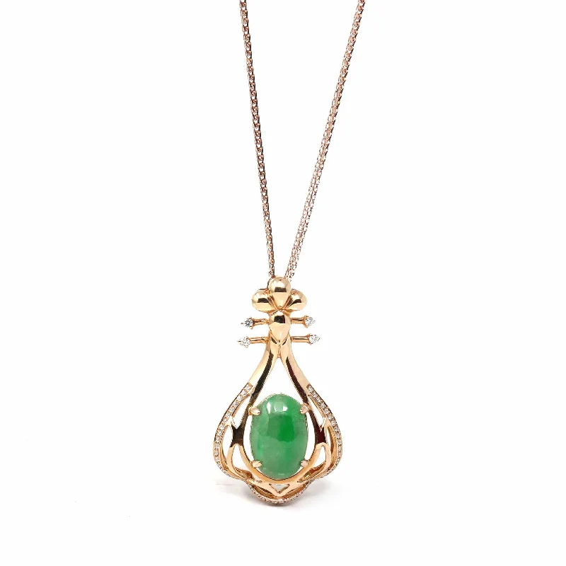 18K Rose Gold Oval Imperial Jadeite Jade Lucky Bottle Necklace with Diamonds