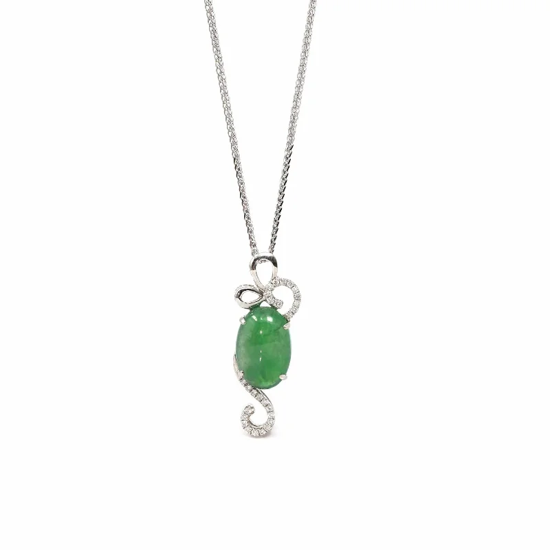 18K White Gold Oval Imperial Jadeite Jade Cabochon Necklace with Diamonds