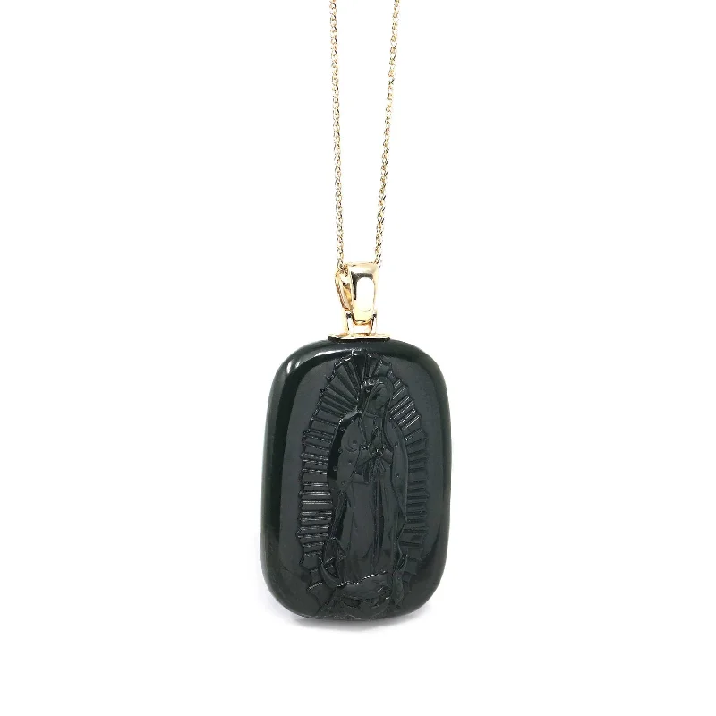 Baikalla™ 14K Yellow Gold Genuine Nephrite Black Jade Mother Mary Pendant Necklace