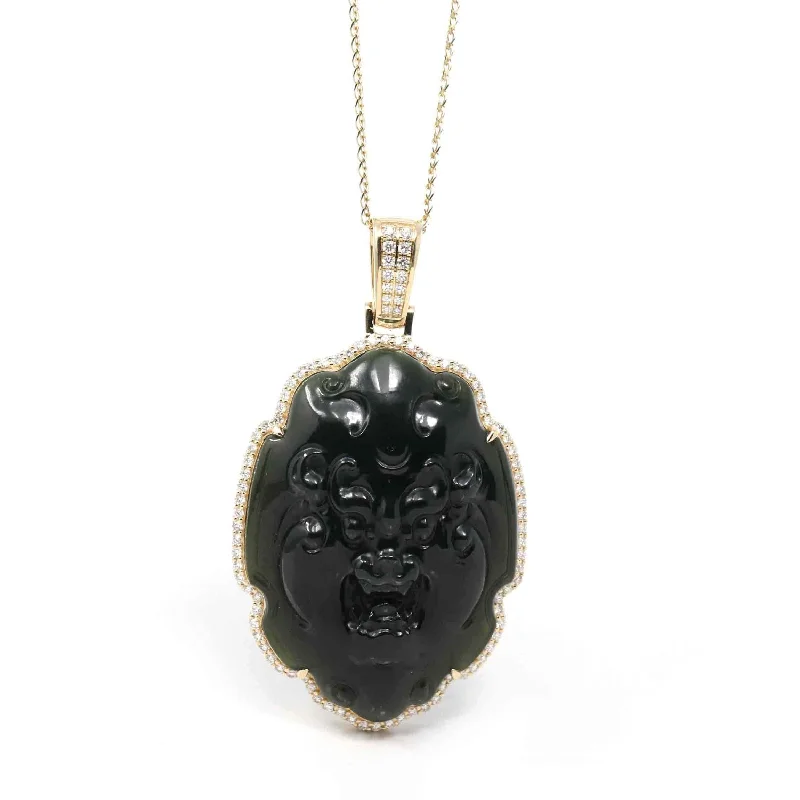 Baikalla™ 14K Yellow Gold Diamond & Genuine Nephrite Black Jade " Fu Dog " Pendant Necklace