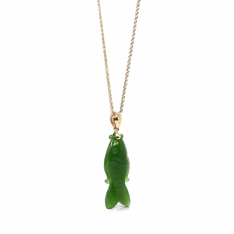 Baikalla™ : " Gold Fish " 14k Yellow Gold Genuine Nephrite Green Jade Pendant Necklace