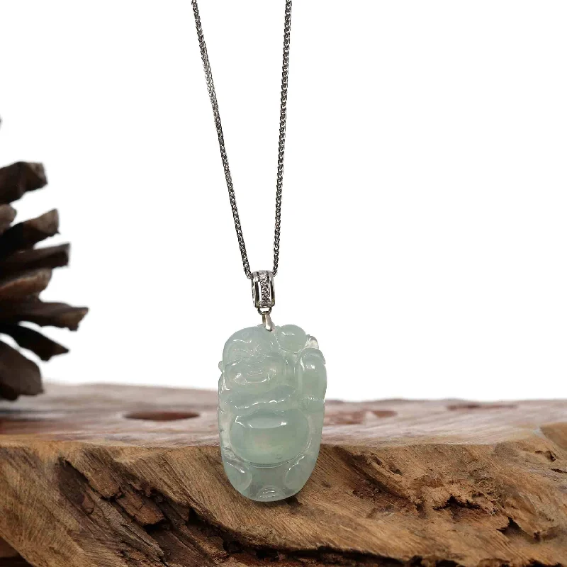 Baikalla™ "Laughing Buddha" Genuine Vibrant Green Jadeite Buddha Pendant Necklace With 14k White Gold Diamond  Bail