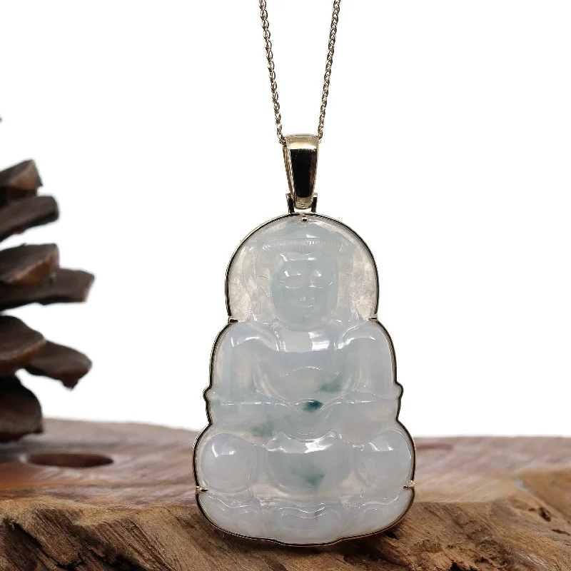 Baikalla 14k "Goddess of Compassion" Genuine Burmese Jadeite Jade Guanyin Necklace With Good Luck Design