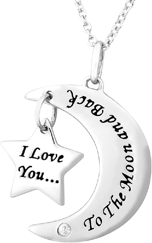 Diamond Moon and Star 'I Love You to The Moon and Back' Pendant Necklace, Rhodium Plated Sterling Silver, 18" (.015 Ct)