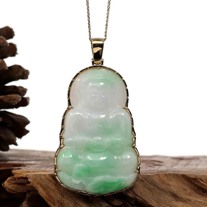 "Goddess of Compassion" 14k Yellow Gold Genuine Burmese Jadeite Jade Guanyin Necklace