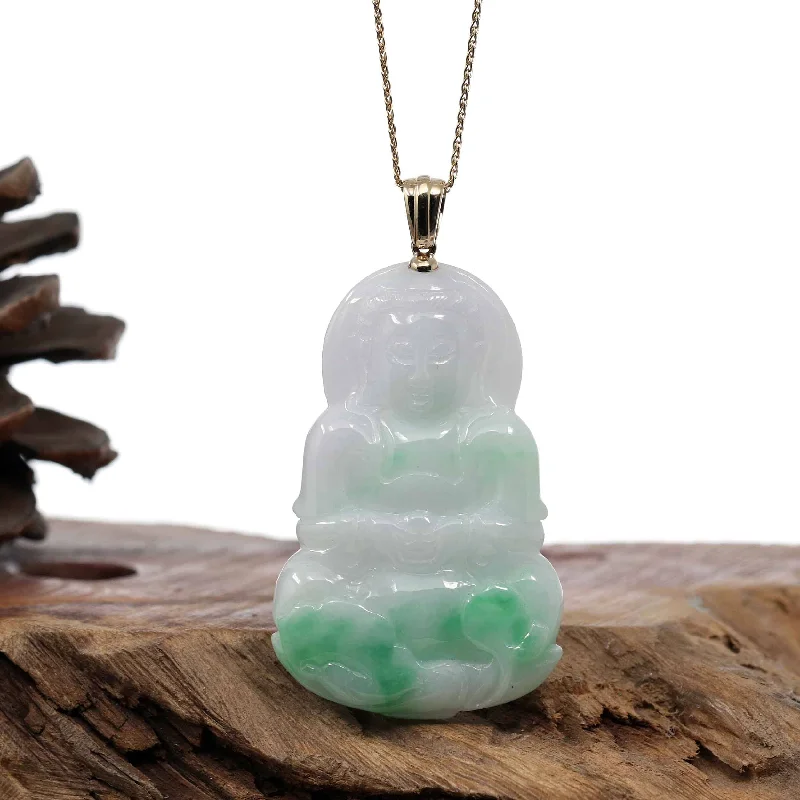 Goddess of Compassion" 14k Yellow Gold Genuine Burmese Jadeite Jade Guanyin Necklace With Good Luck Design