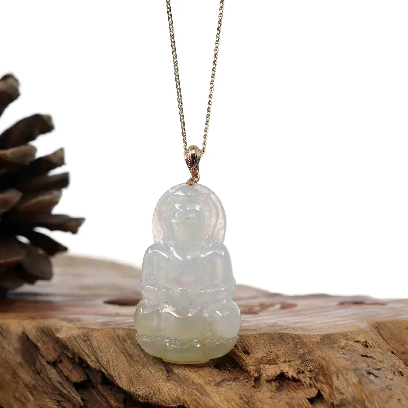 "Goddess of Compassion" 14k Yellow Gold Genuine Burmese Jadeite Jade Guanyin Necklace