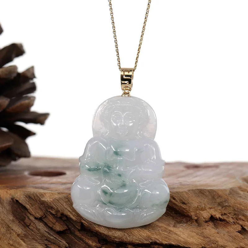 "Goddess of Compassion" Genuine Burmese Ice Blue Jadeite Jade Guanyin Necklace