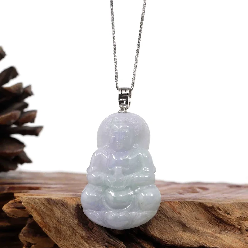 "Goddess of Compassion" Sterling Silver Genuine Burmese Jadeite Jade Guanyin Necklace With Good Luck Design