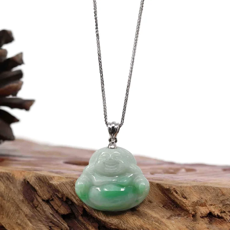 "Laughing Buddha" Genuine Vibrant Green Jadeite Buddha Pendant Necklace With Sterling Silver Bail