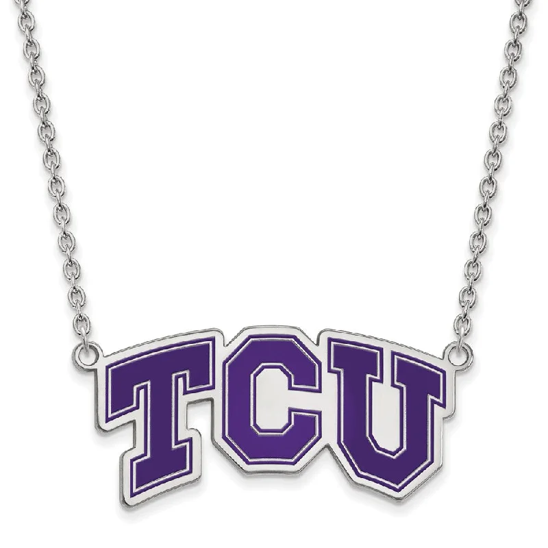 Sterling Silver Texas Christian U Large Enamel Pendant Necklace