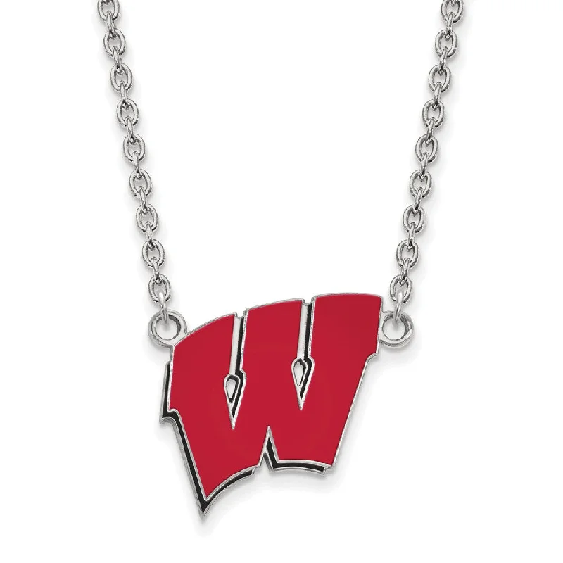 Sterling Silver U of Wisconsin Large Enamel 'W' Pendant Necklace