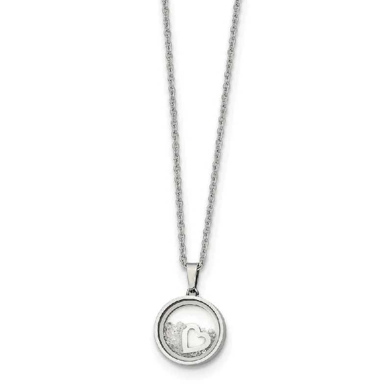 Stainless Steel & Crystal 12mm Round Floating Heart Necklace, 16-18 In