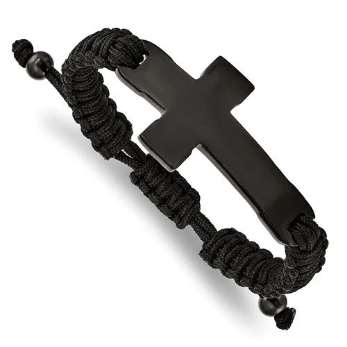 Stainless Steel Polished Black IP Black Nylon Adjustable Cross Bracelet - Engravable