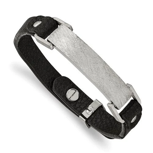 Stainless Steel Polished Scratch Finished Adjustable Black Leather Bracelet - Engravable