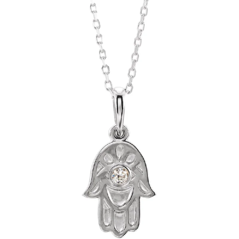 Sterling Silver .03 CT Diamond Small Hamsa Necklace, 16-18 Inch