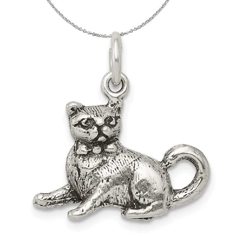 Sterling Silver 3D Antiqued Cat Charm or Necklace