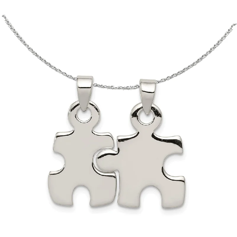 Sterling Silver, Set of 2, Polished Puzzle Piece Pendants Necklace