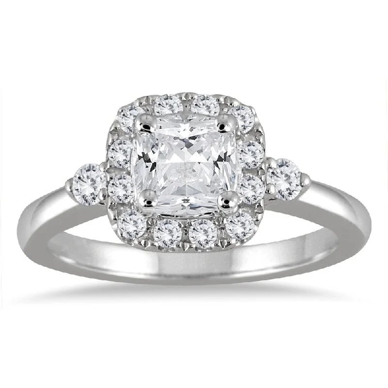 1 1/2 Carat Cushion Cut Halo Engagement Ring in 14K White Gold