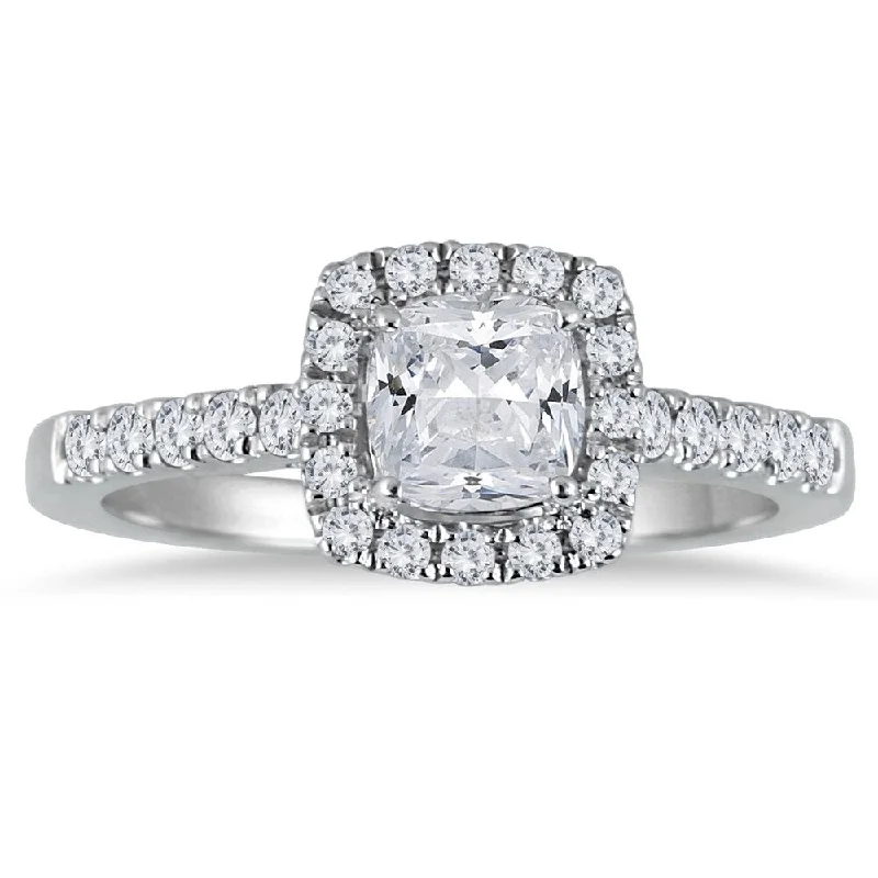 1 1/3 Carat Cushion Cut Diamond Halo Engagement Ring in 14K White Gold