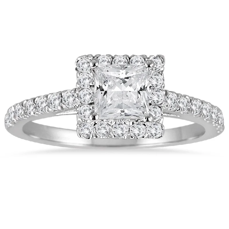 1 Carat TW Princess Cut Diamond Halo Engagement Ring in 14K White Gold