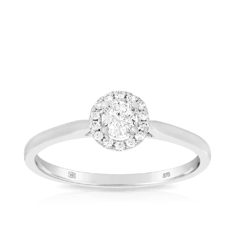 0.34ct TW Diamond Oval Halo Engagement Ring in 9ct White Gold