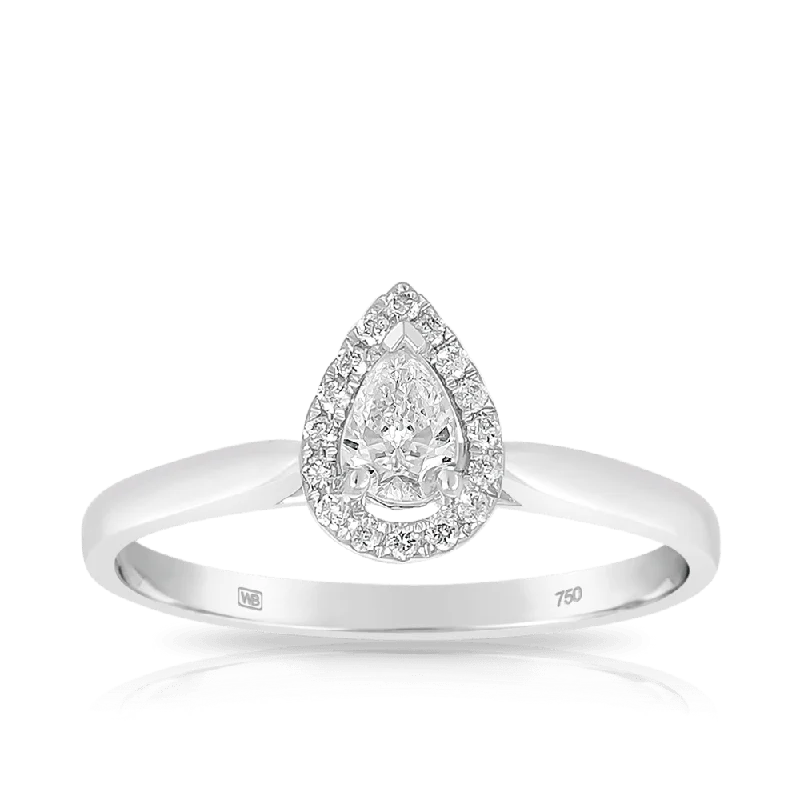 0.75ct TW Pear Cut Diamond Halo Engagement Ring set in 18ct White Gold