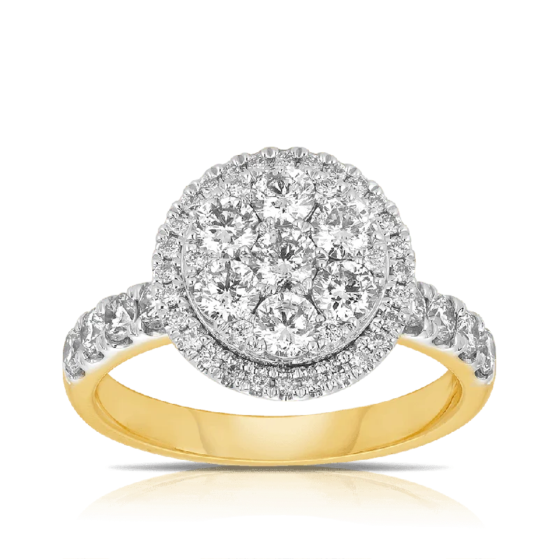 1.50ct TW Diamond Cluster Halo Engagement Ring in 9ct Yellow and White Gold