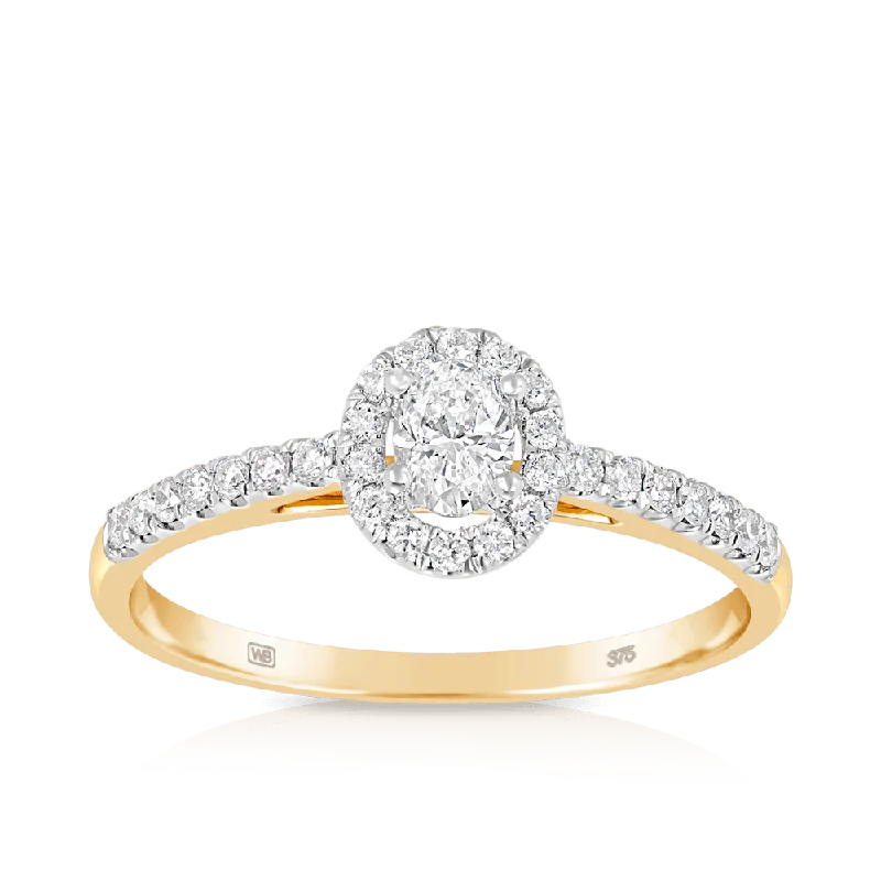 0.50ct TW Oval Cut Diamond Halo Engagement Ring in 9ct Yellow Gold