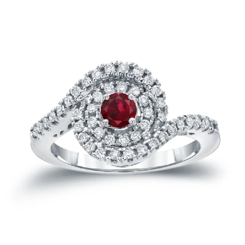 14k Gold 1/5ct Ruby and 3/5ct TDW Round Diamond Halo Engagement Ring