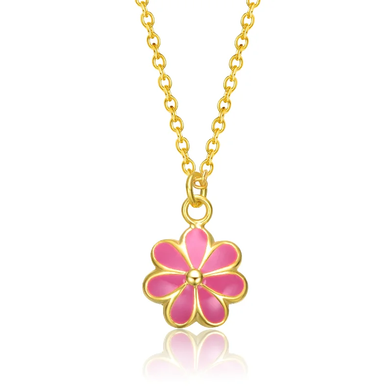 14k Gold Plated Fuchsia-Red Daisy Flower Drop Charm Necklace