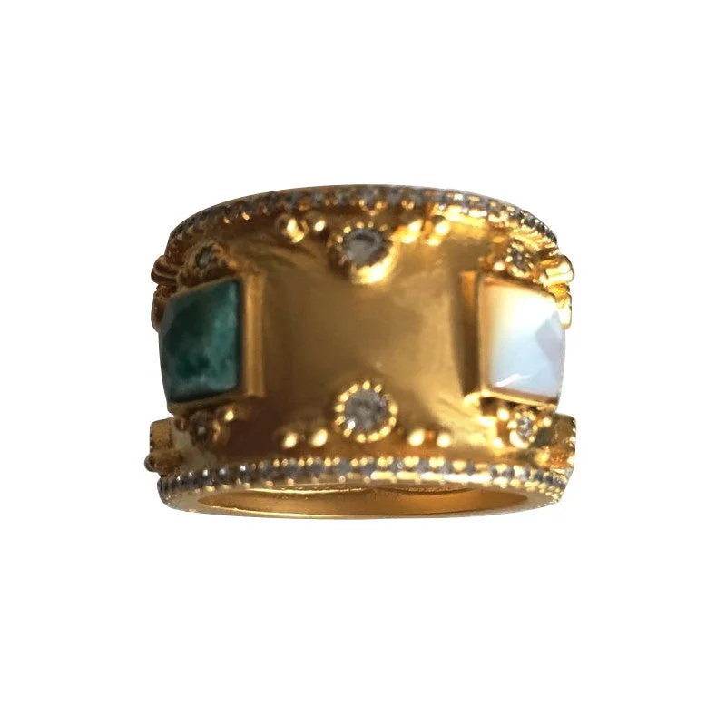 14K Gold Plated Mother of Pearl and Turquoise Band Ring with CZs