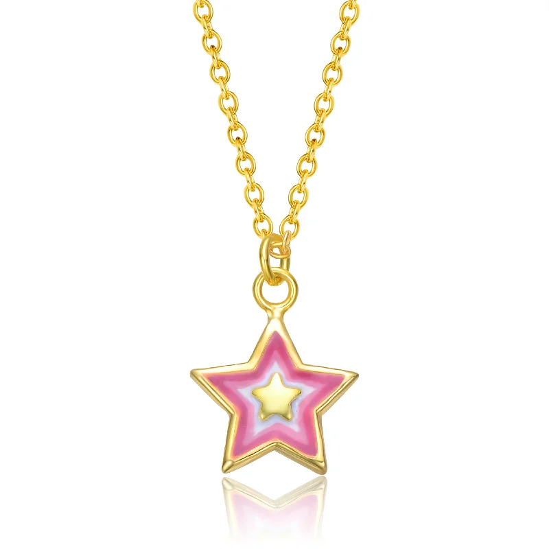 14k Gold Plated Red & White Lucky Star Pendant Charm Necklace