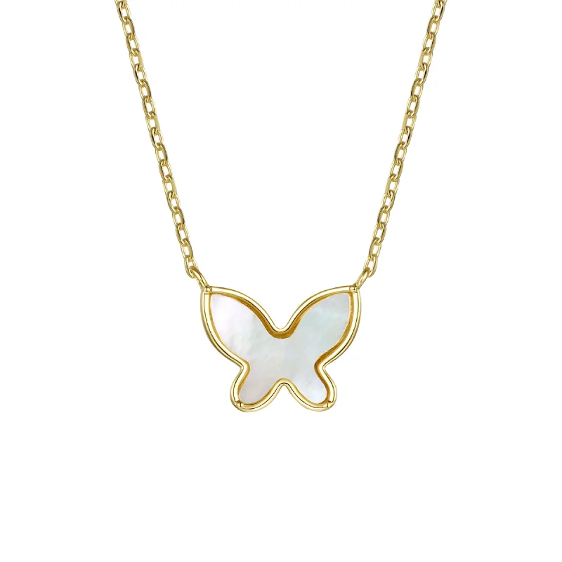 14k Gold Plated Sterling Silver with Mother of Pearl Butterfly Pendant Layering Necklace