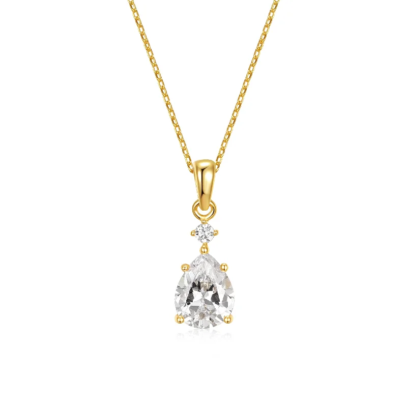 14k Gold Plated with Cubic Zirconia Raindrop Pear 2-Stone Pendant Necklace