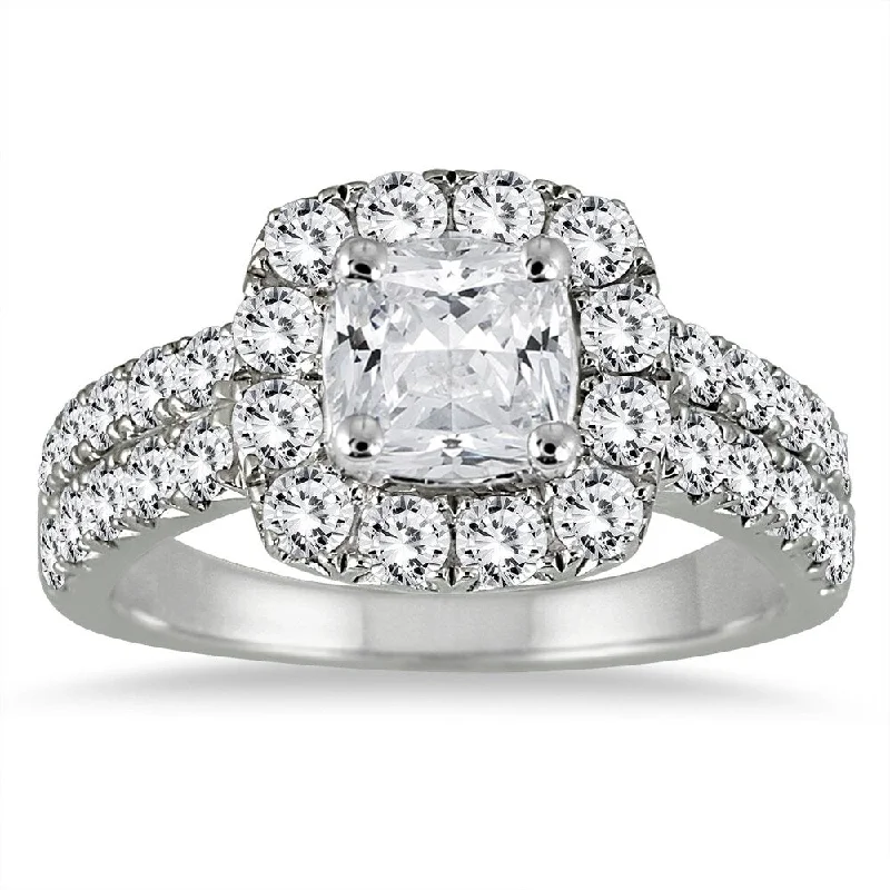 2 1/10 Carat Cushion Cut Diamond Halo Engagement Ring in 14K White Gold