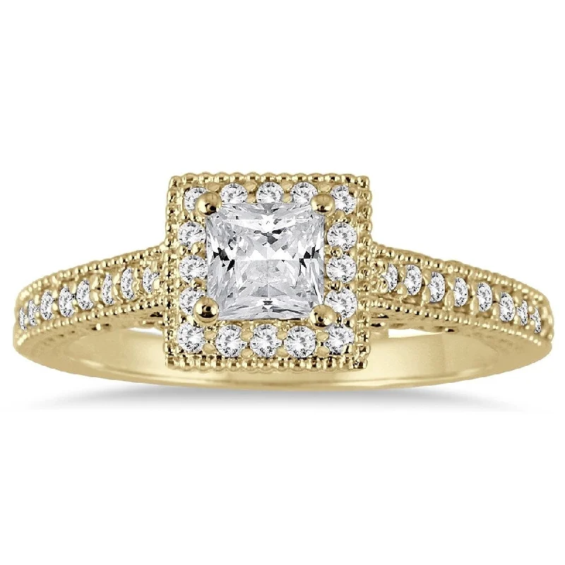 3/4 Carat TW Princess Antique Deco Diamond Halo Engagement Ring in 14K Yellow Gold