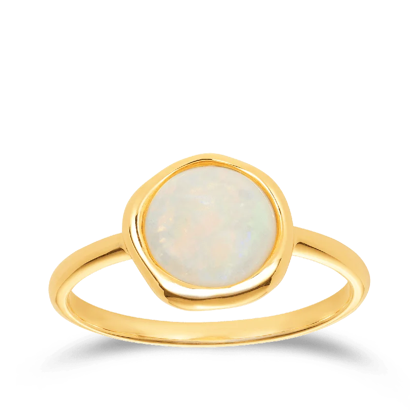 White Opal Round Ring in 9ct Yellow Gold