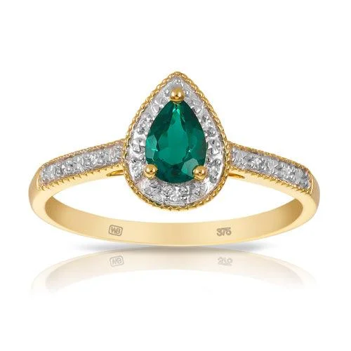 Created Emerald & Diamond Pear Halo Ring in 9ct Yellow Gold