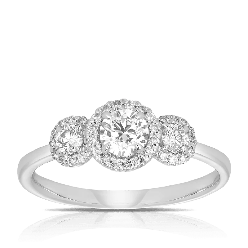 0.63ct TW Diamond Three Stone Halo Engagement Ring set in 9ct White Gold