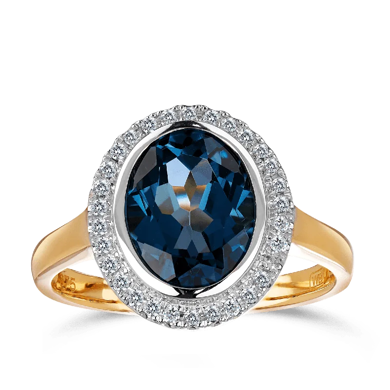 Blue Topaz & 0.15ct TW Diamond Dress Ring in 9ct Yellow Gold