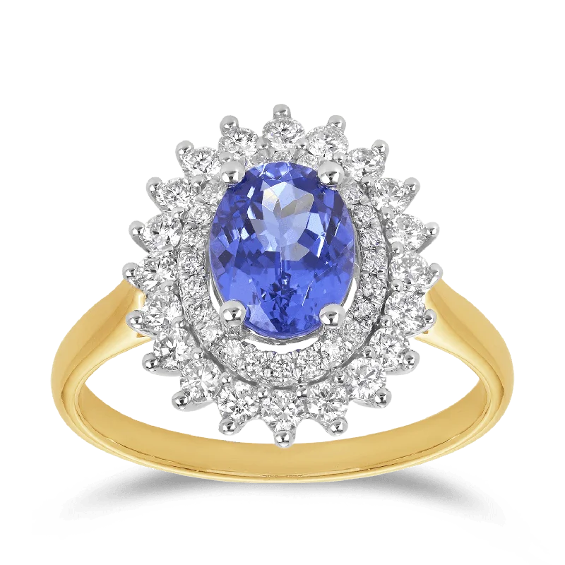 Tanzanite & 0.5ct Diamond Double Halo Ring in 9ct Yellow & White Gold