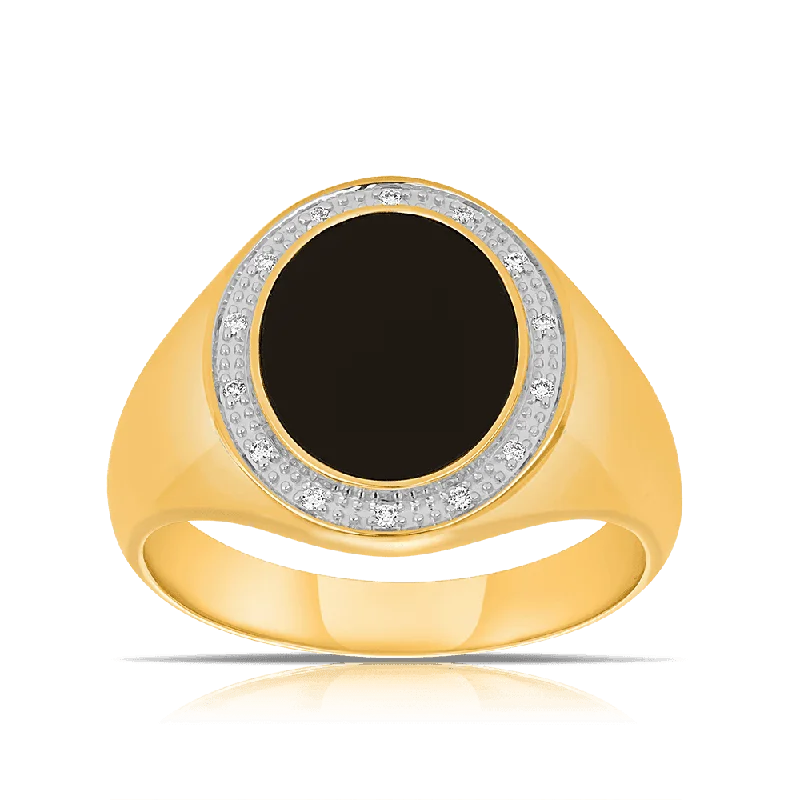 Onyx & Diamond Signet Ring in 9ct Yellow Gold