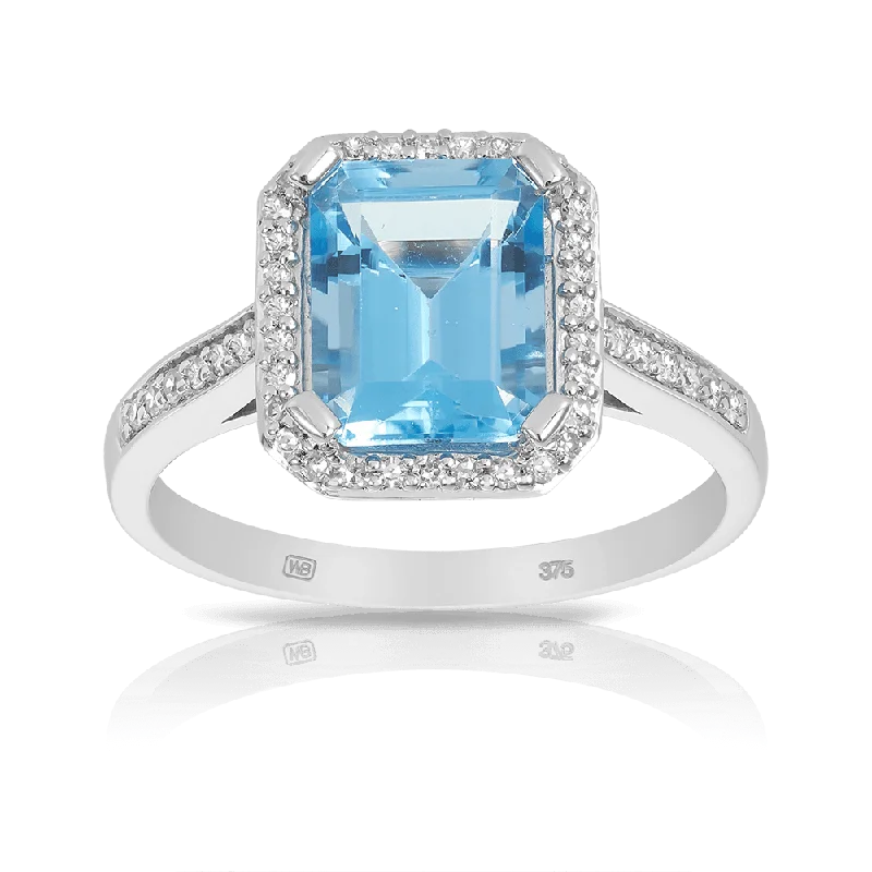 Blue Topaz & Diamond Ring in 9ct White Gold