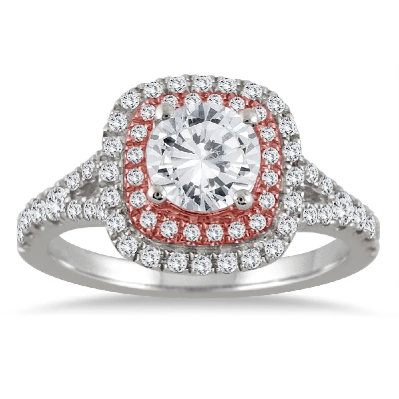 AGS Certified 1 1/2 Carat TW Diamond Halo Engagement Ring in 14K Rose and White Gold (J-K Color, I2-I3 Clarity)