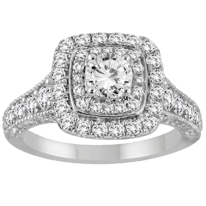 AGS Certified 1 1/4 Carat TW Diamond Double Halo Engagement Ring in 14K White Gold (J-K Color, I2-I3 Clarity)