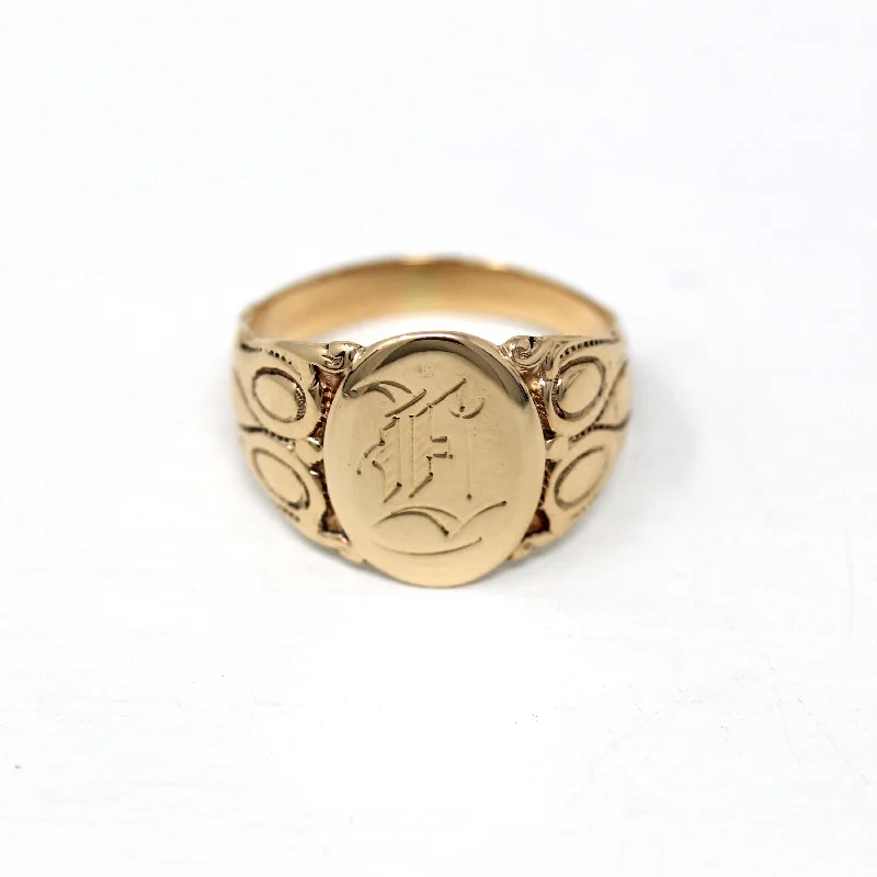 Antique Signet Ring - Edwardian Era 10k Yellow Gold Statement Initial E - Vintage Circa 1910s Size 11 Signed JR Wood Flower Fine Jewelry