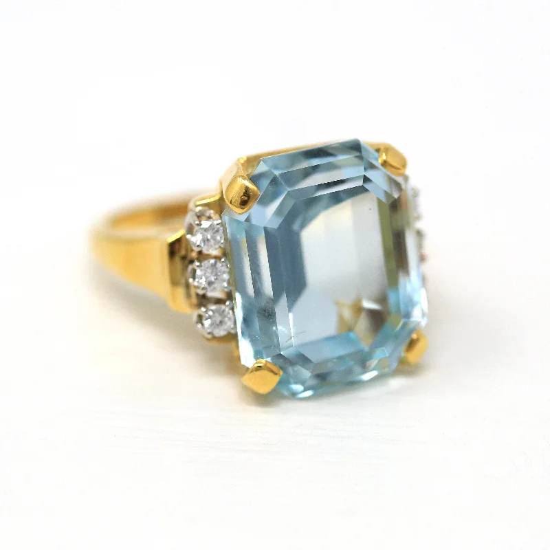 Sale - Aquamarine & Diamond Ring - Estate 14k Yellow Gold Emerald Cut 16.07 CT Blue Gem - Modern Size 6 3/4 Diamond Fine Cocktail Jewelry