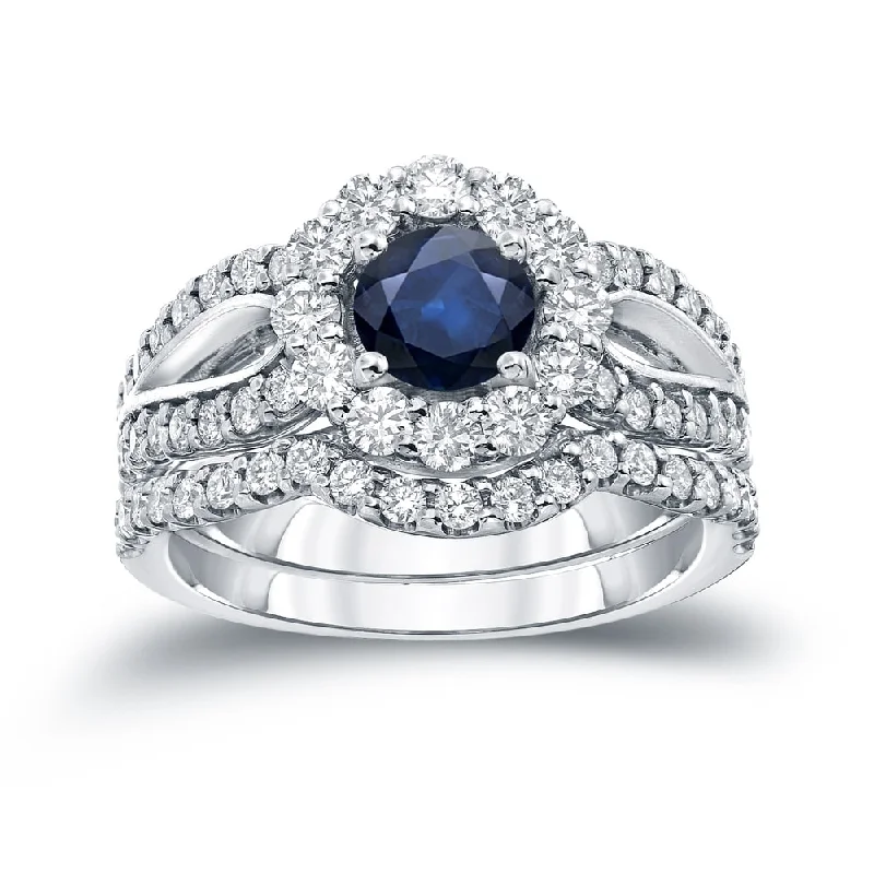 Auriya 14k Gold 1ct Blue Sapphire and 1 1/3ctw Halo Diamond Engagement Ring Set