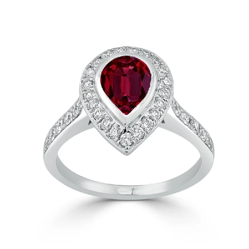 Auriya 2 1/5ct Pear Shape Red Ruby Halo Diamond Engagement Ring 5/8ctw 18K Gold